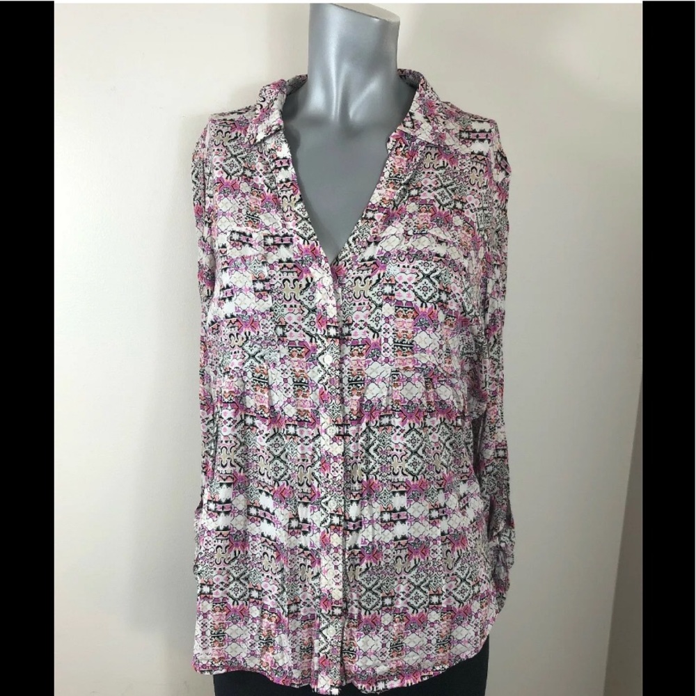 Anthro Maeve Button Front Blouse Roll Tab Sleeve